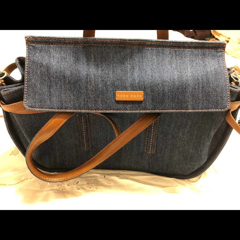 Hugo Boss Denim bag with leather cross body strap.